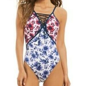 NEW Women's Gibson Latimer Floral Lace Up Swimsuit Large Blue Pink